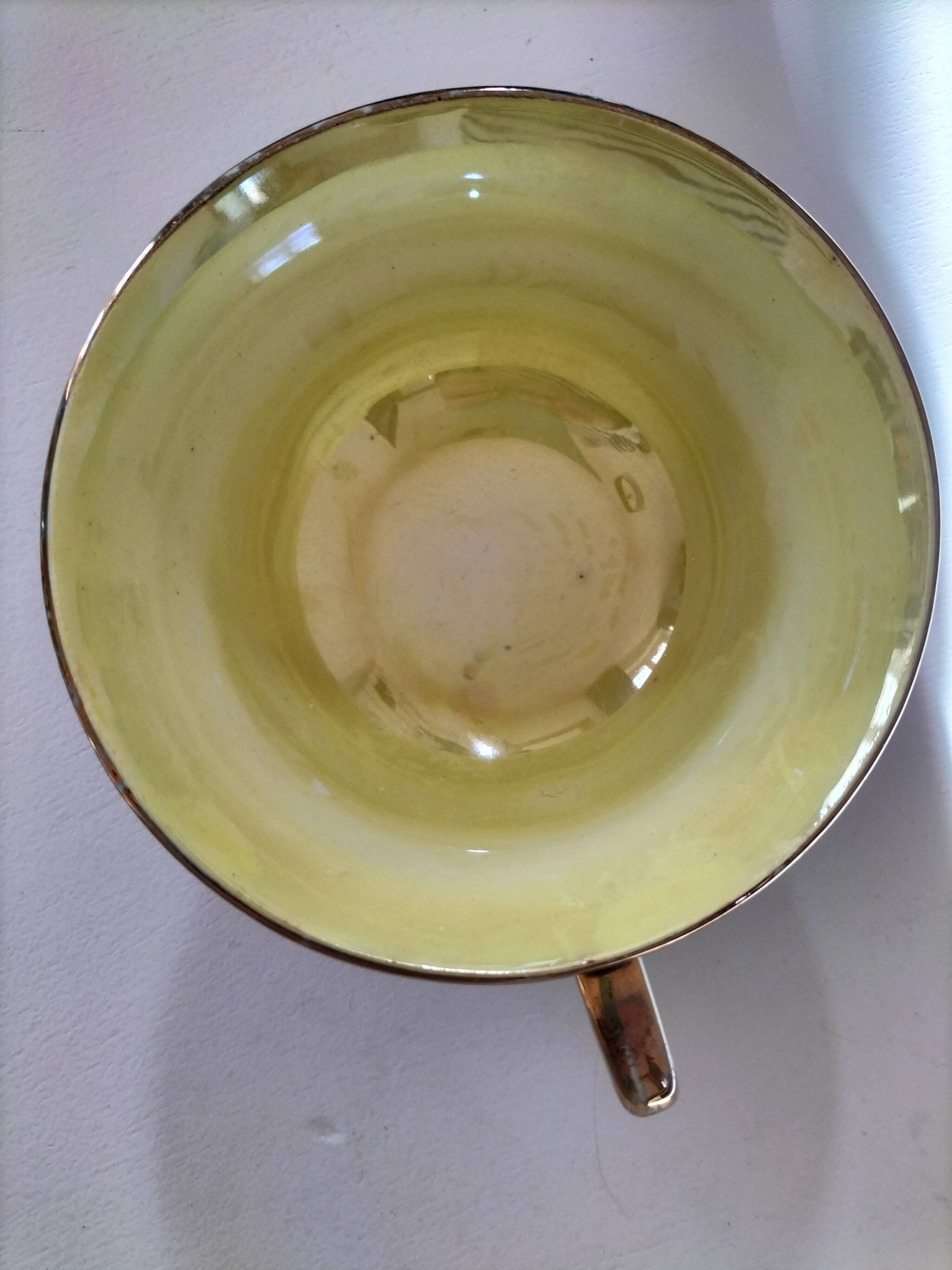 Large black, yellow iridescent and white Art Deco Saint-Amand cup.