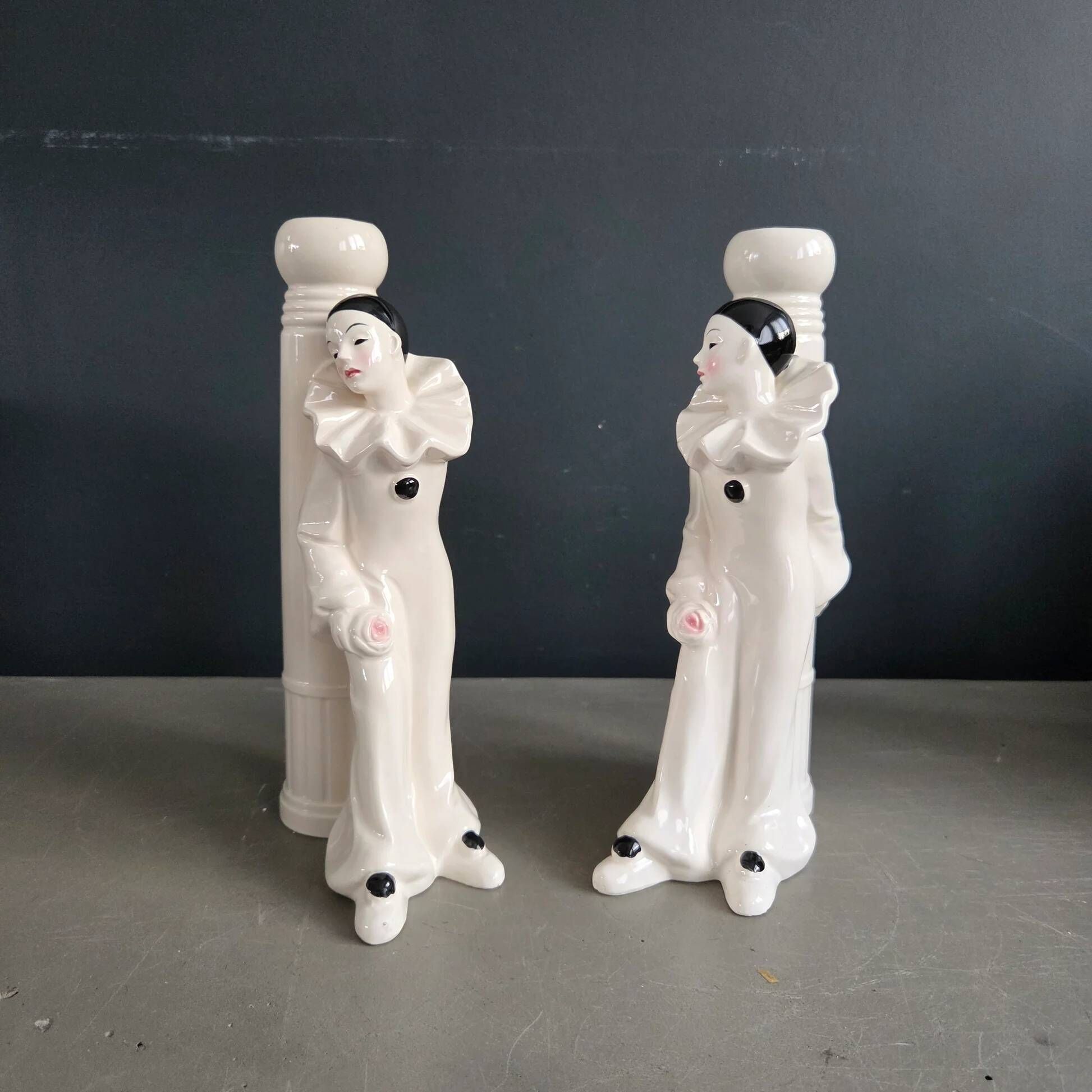 Pair of Pierrot candlesticks in earthenware - 1980s