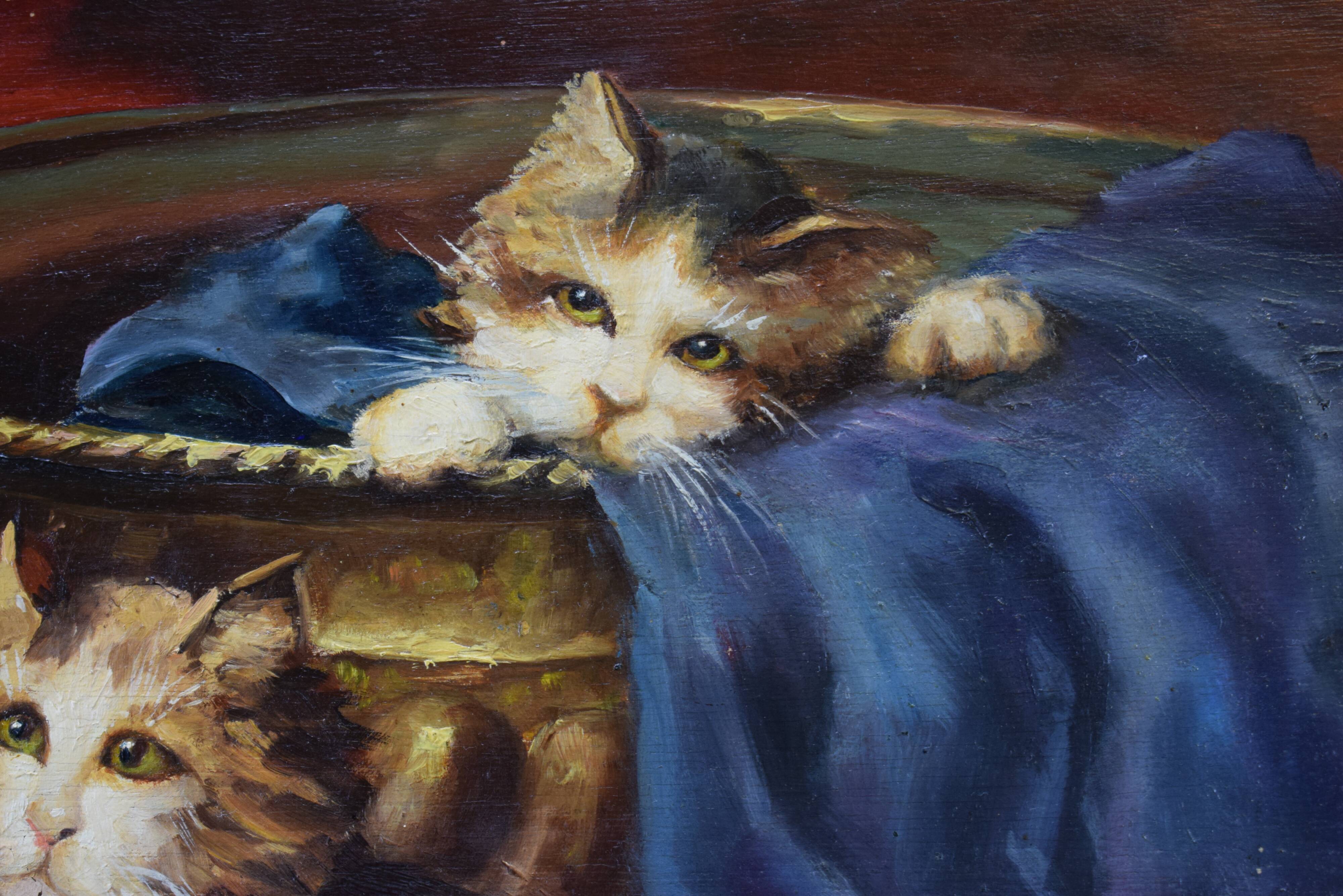 Oil painting on panels kitten playing by Leon Huber
