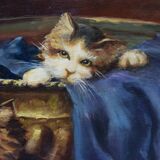 Peinture l'huile sur panneaux chatons jouant par Leon Huber