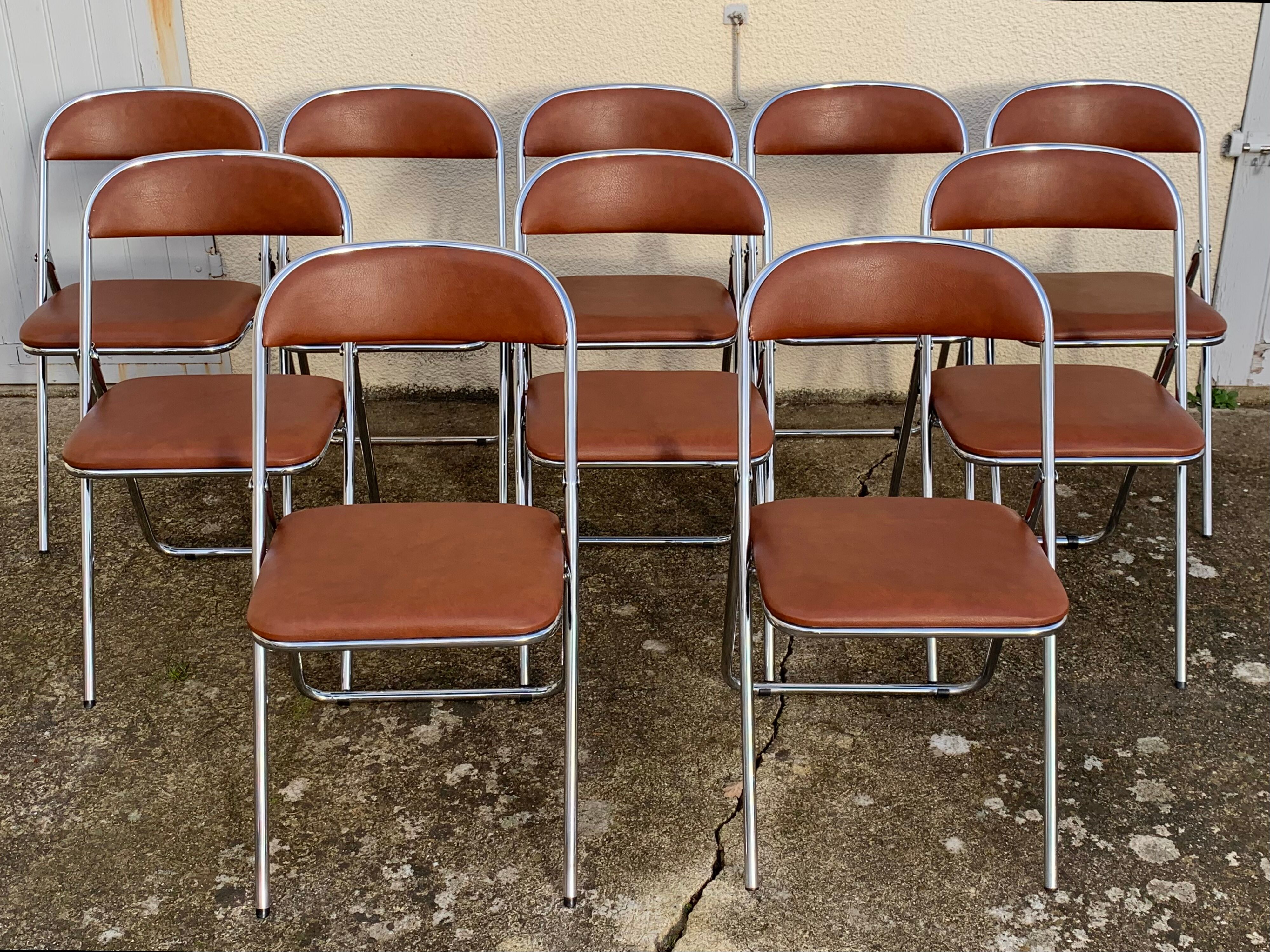 10 vintage skai and chrome metal folding chairs 1970