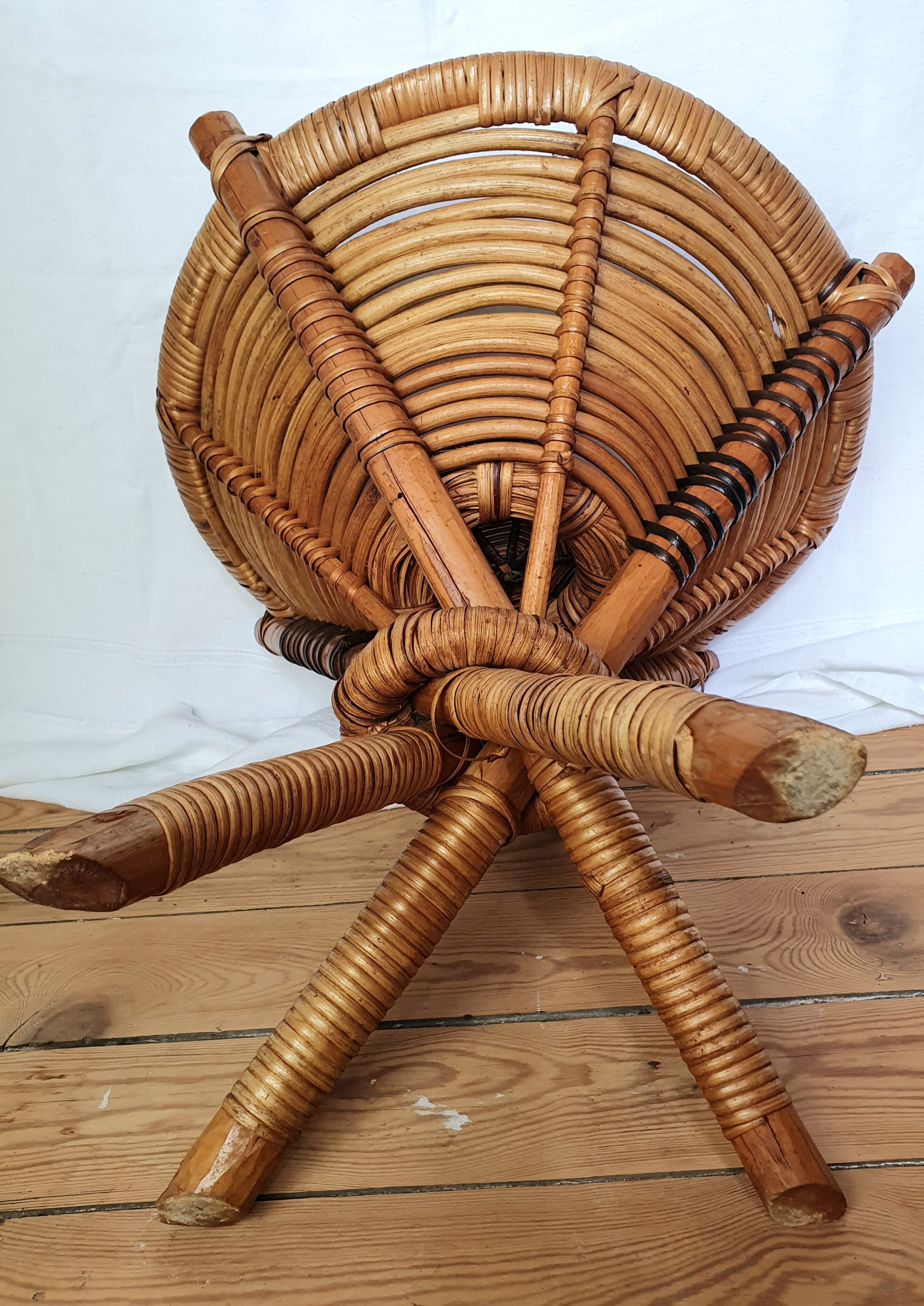 Basket on wooden and woven wicker legs 1950
