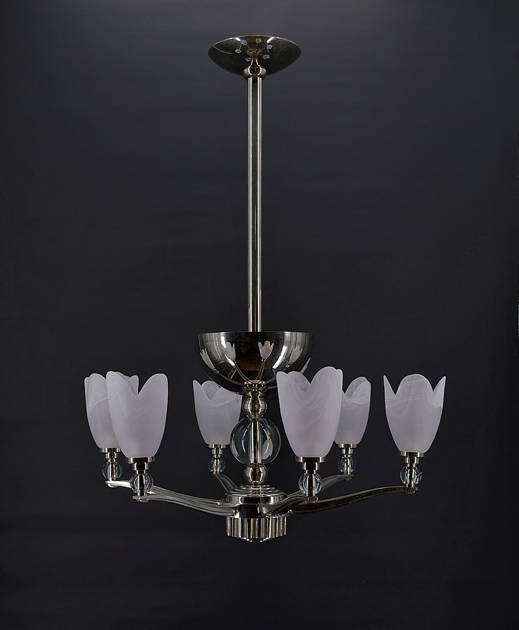 6-spoke Art Deco Modernist chrome chandelier, France, circa 1930