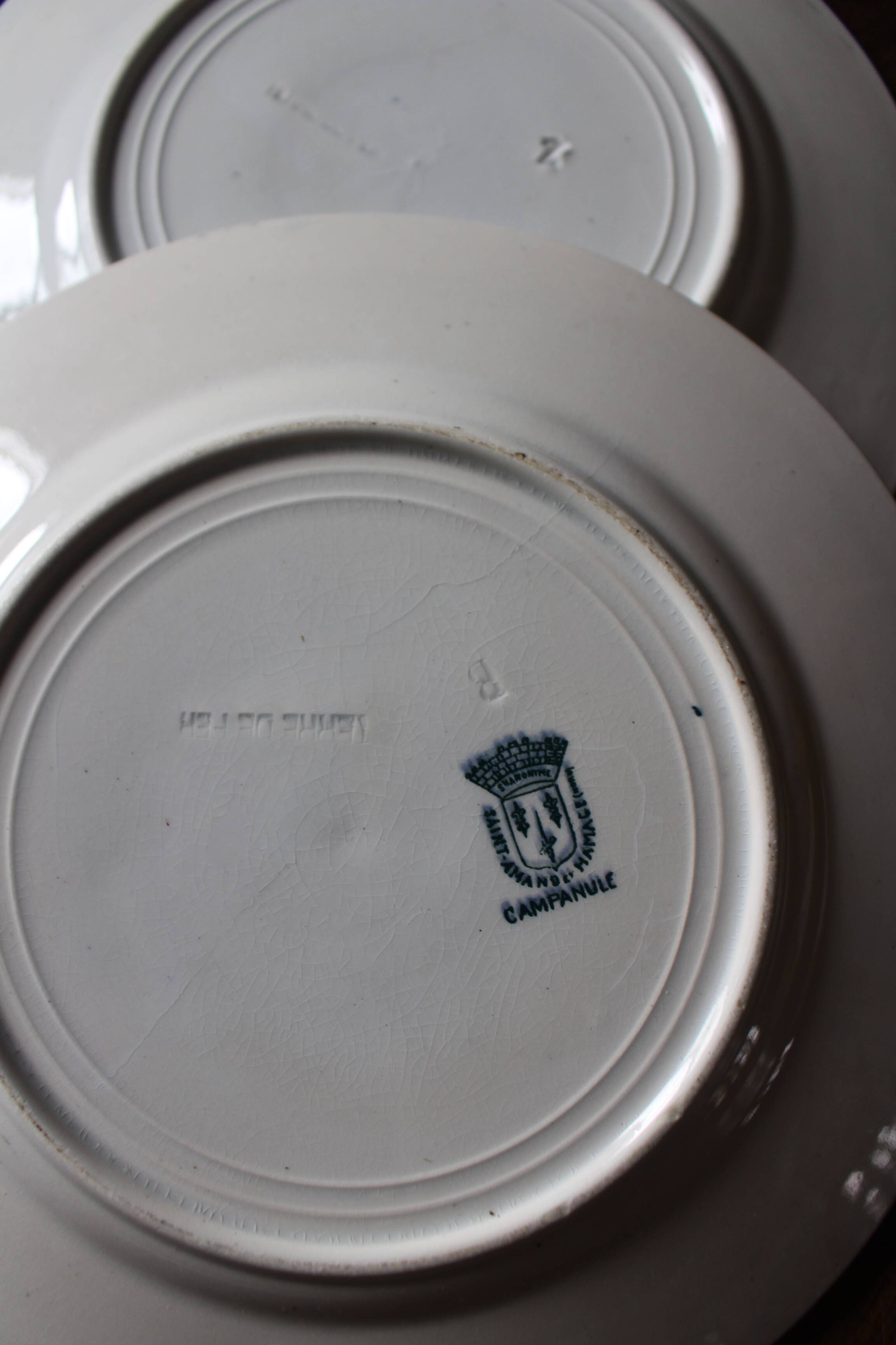 Mismatched lot 4 flat plates + small Saint Amand Terre de fer Blue Green