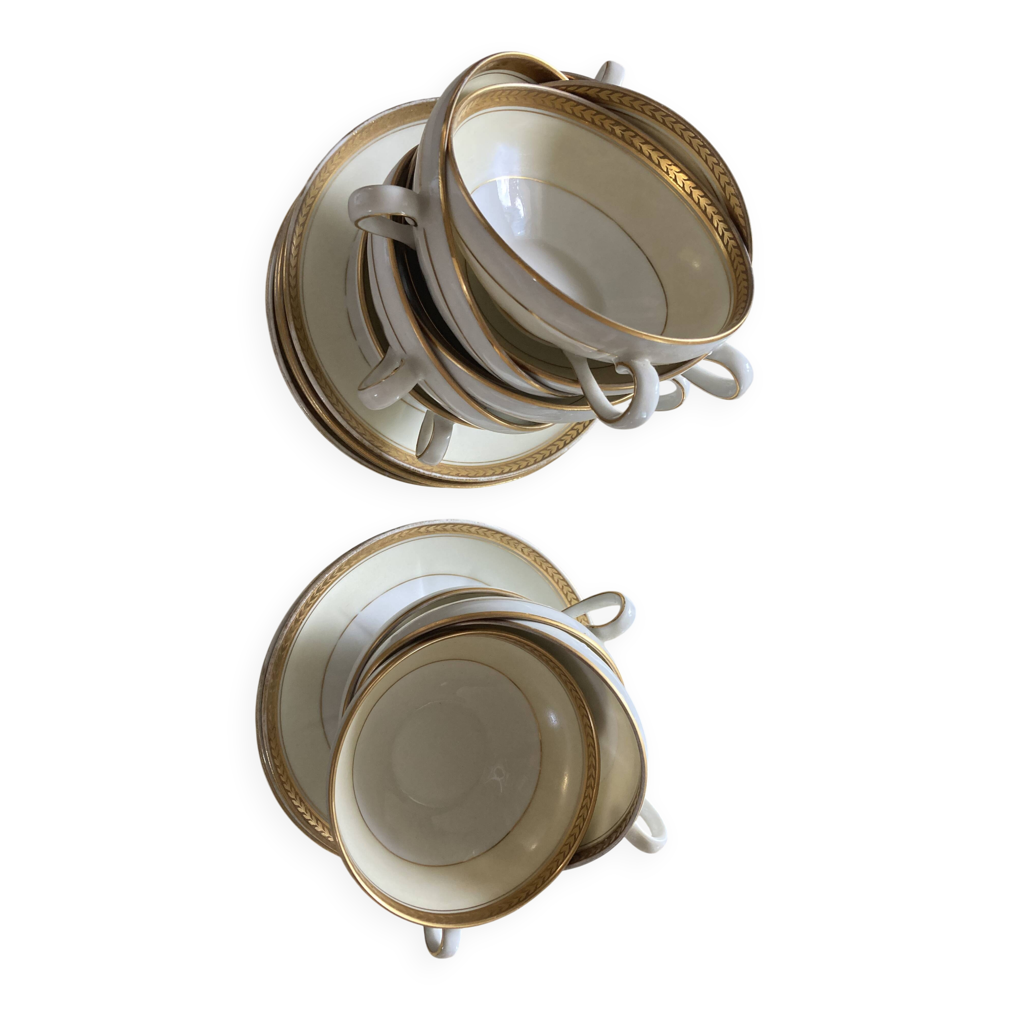 Vintage Limoges porcelain chocolate teacups in pastel yellow and gold