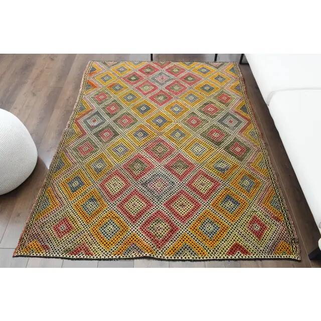 1970s Vintage Turkish Oushak Handmade Wool Cotton Yellow Runner Rug 158x201
