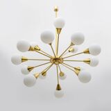 Mid-Century Modern Italian Brass and Glass Opaline Large Sputnik Chandelier
