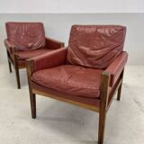 Fauteuils lounge danois vintage en palissandre et cuir. Années 1960.