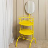 Yellow metal side table with swiveling oval mirror and two tray shelves, vintage 1960s Italy