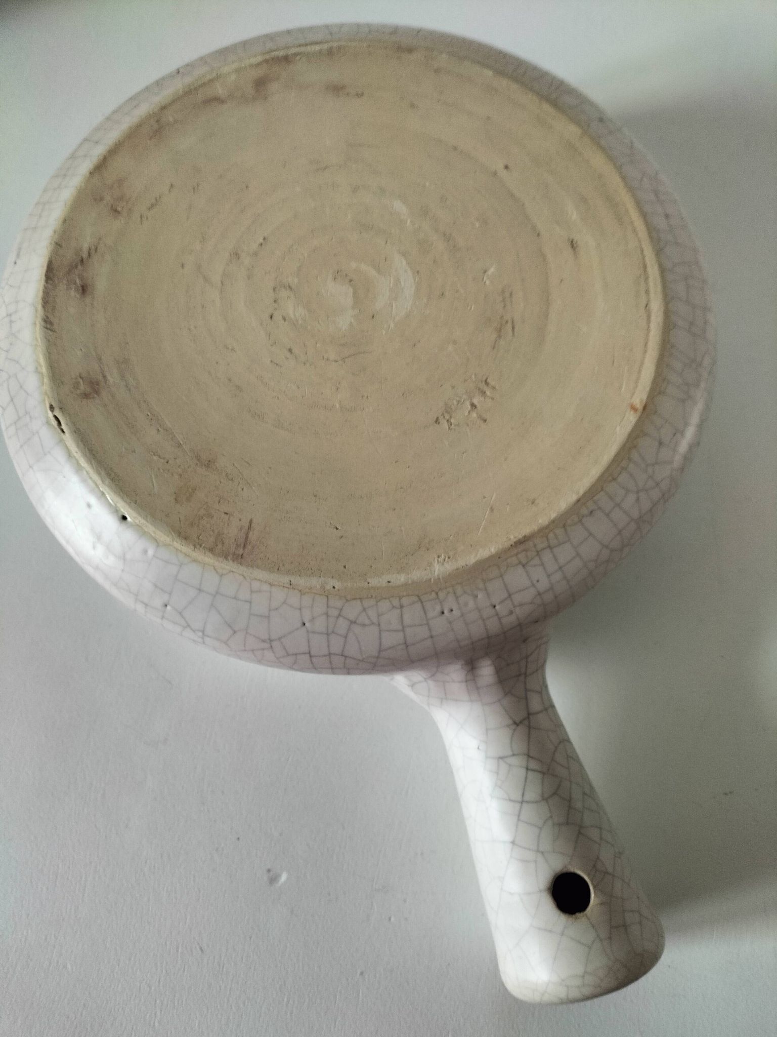 Large antique crackled ceramic fondue pot decorated with blue flowers