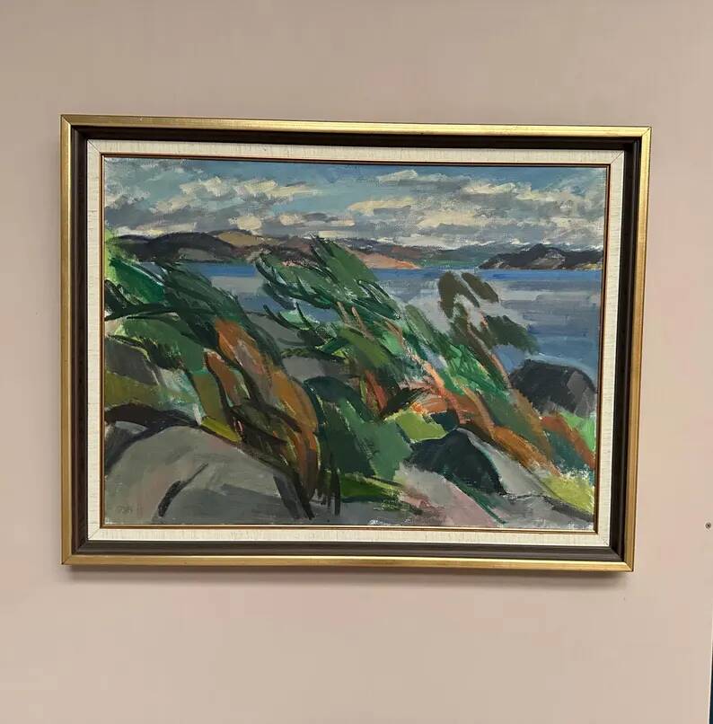 Large original Swedish oil on canvas – "Rocky Shore" – Signed – vintage and framed – 91 × 70 cm (35.8 in × 27.6 in)