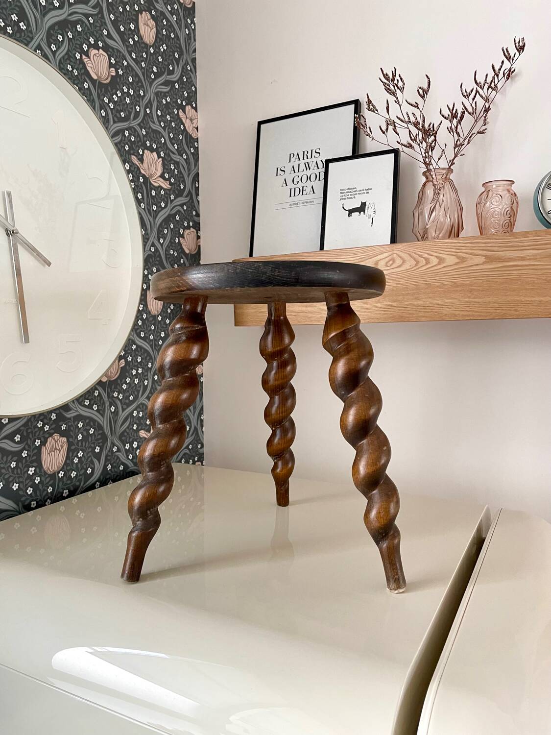 Vintage wooden tripod stool with turned legs