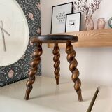 Vintage wooden tripod stool with turned legs