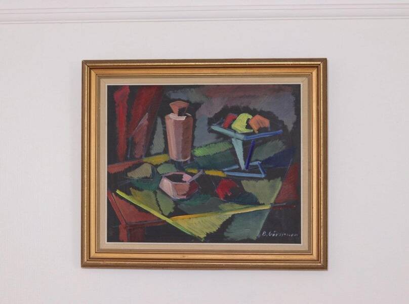 Original mid-century Swedish oil on canvas – “Kubisk Still Life” by Bror Göransson – vintage & framed – 75 × 64 cm (29.5" × 25.2")