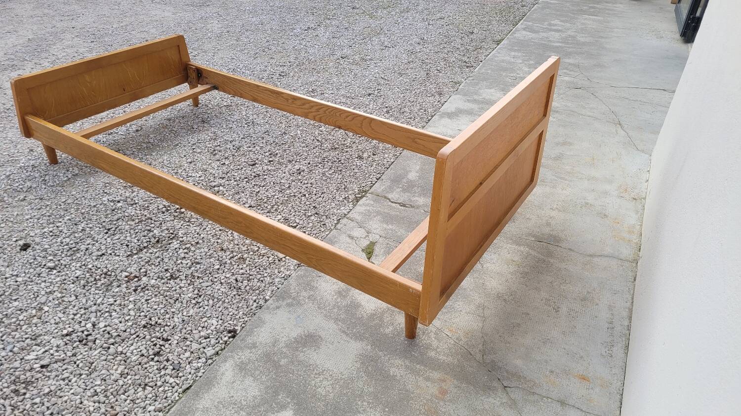 Vintage rattan and solid oak bed 1950s design