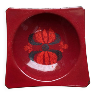 Cendrier vintage en tole emaillee tons rouge decor floral annees 60