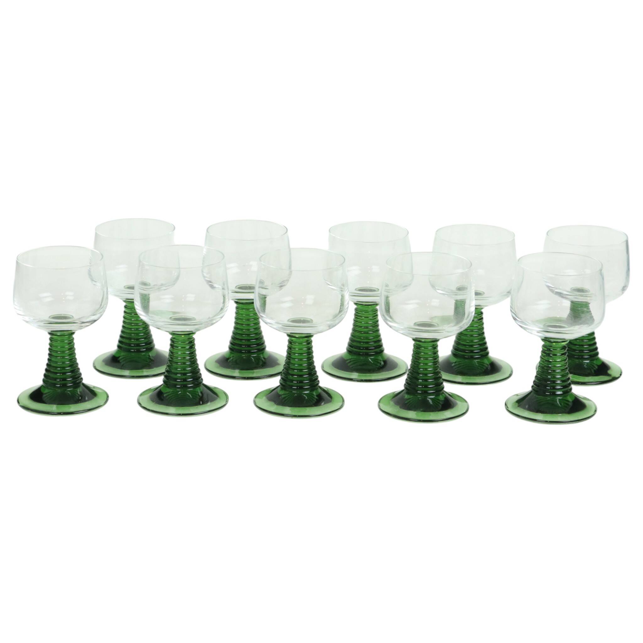Set of 10 Vintage Roemer Wine Glasses Green Ribbed Foot