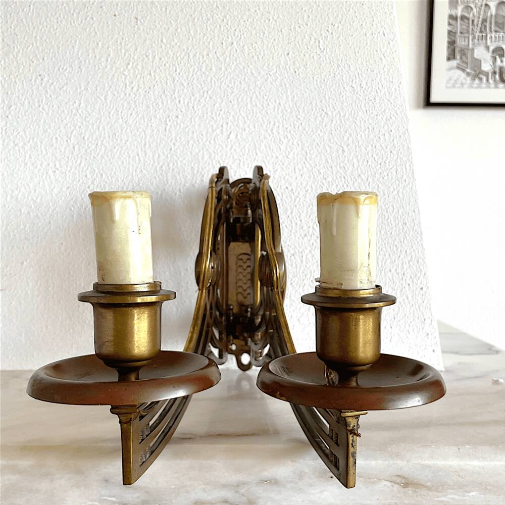 Art Nouveau style brass double piano wall lamp