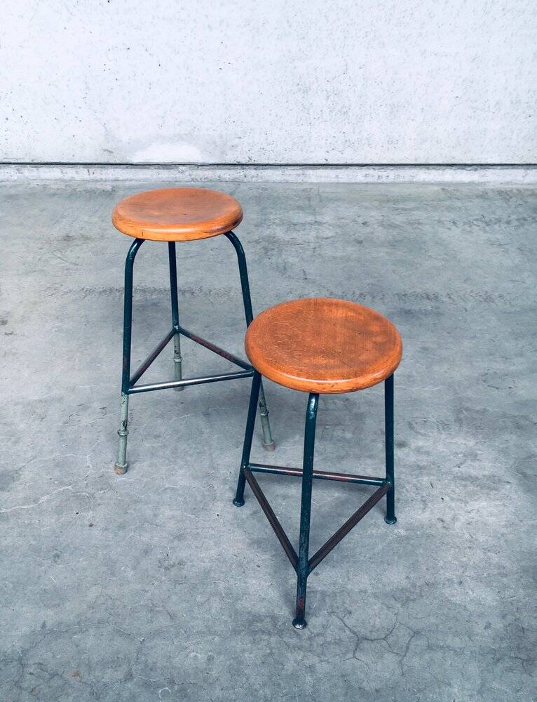 Set of Industrial Green Tripod Stool Set, Belgium, 1950s