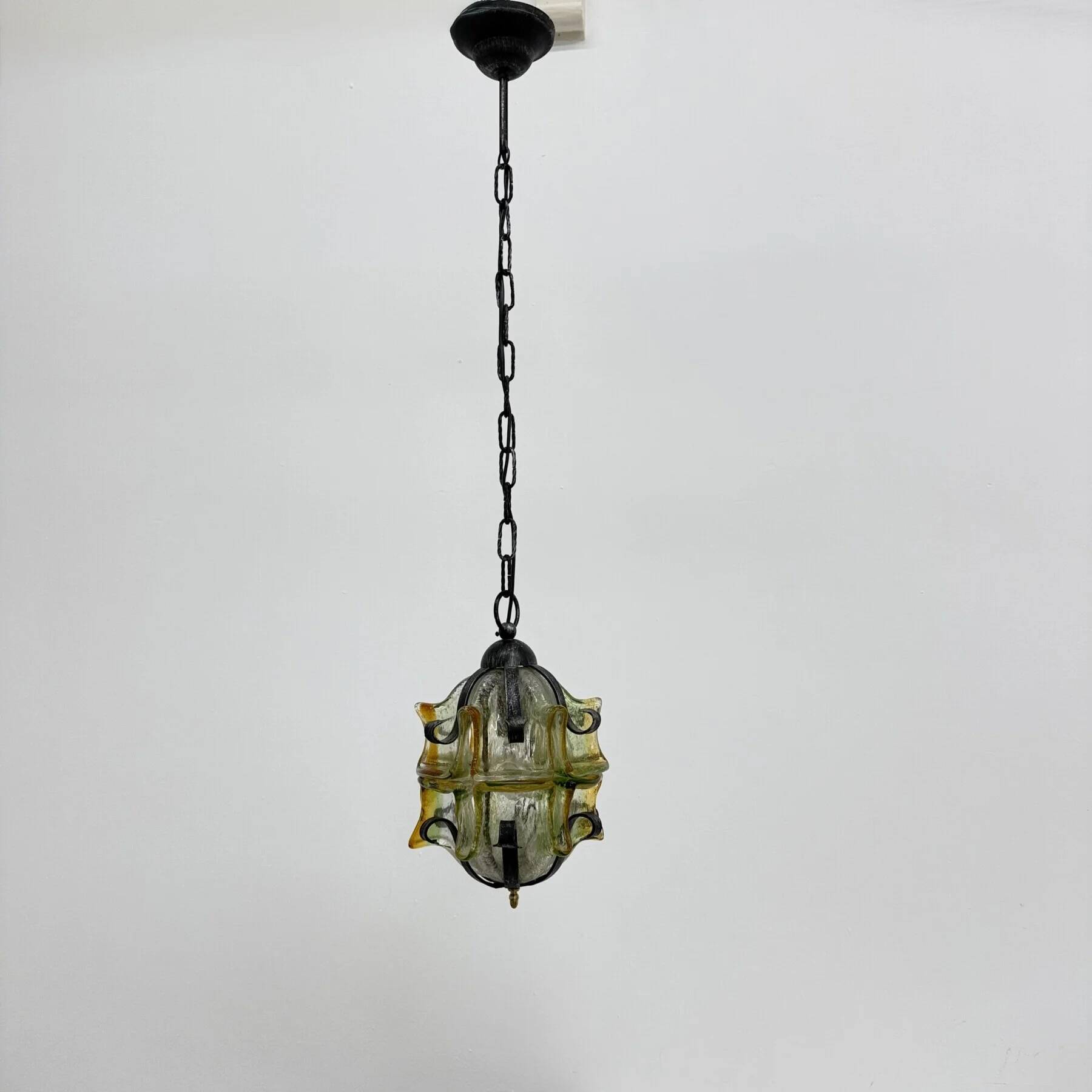 Brutalist glass and iron hanging lamp, 1970s