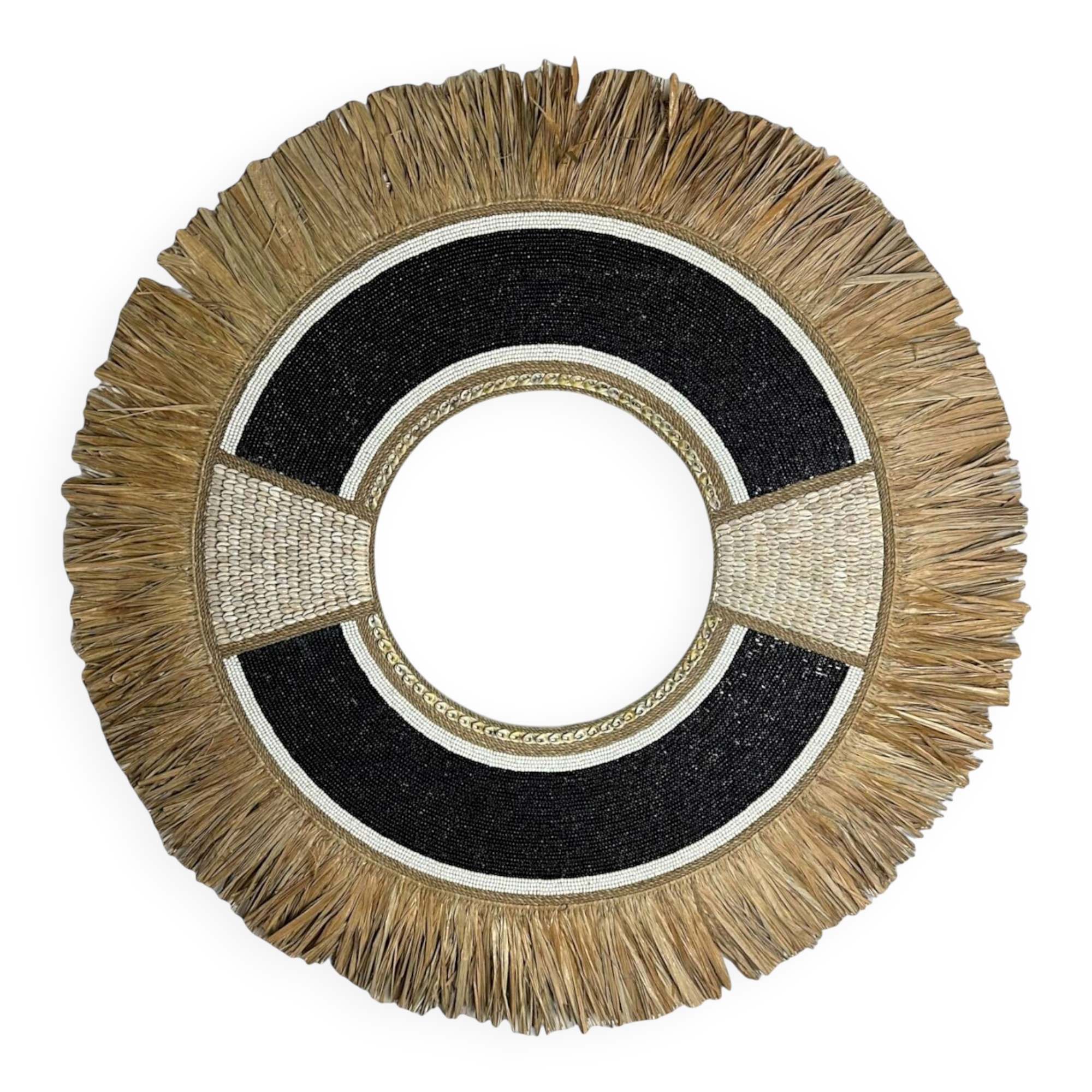 Miroir noir en raphia & plume