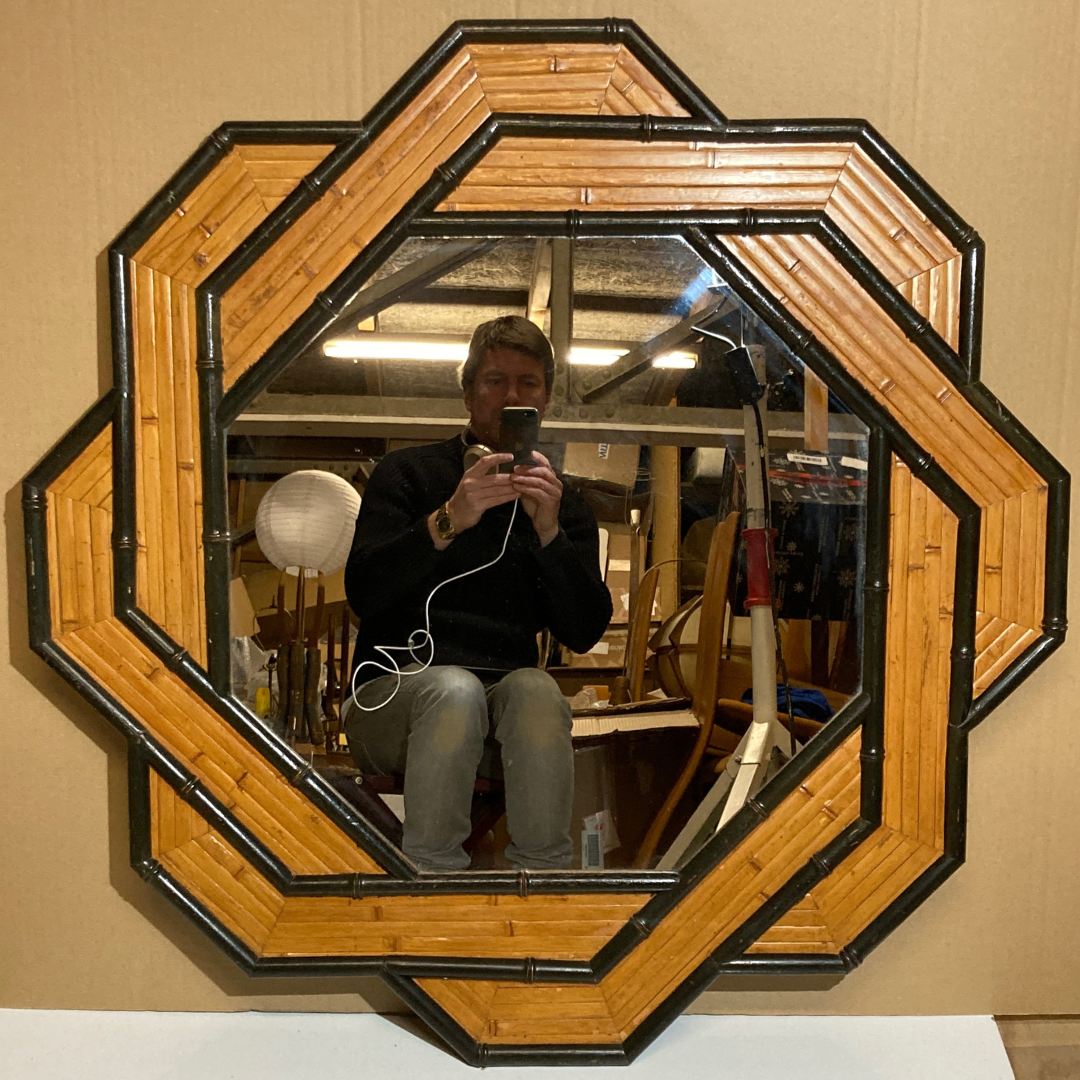 Large ( 93 cm ) octagonal palm beach bamboo rattan wicker mirror, 1960s