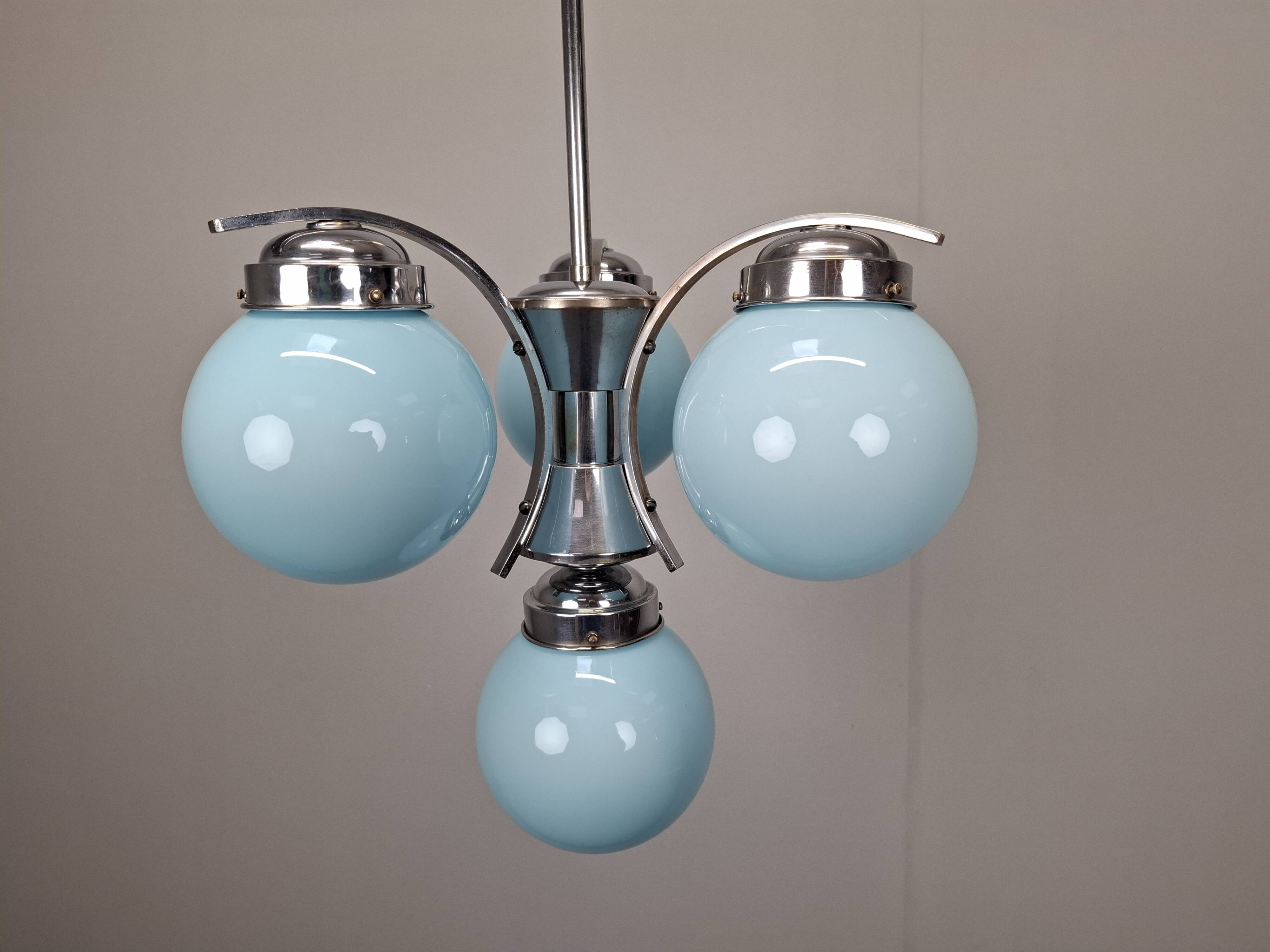 1930s Czech Art Deco Blue Opaline Glass and Chrome Four-Light Chandelier