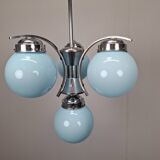 1930s Czech Art Deco Blue Opaline Glass and Chrome Four-Light Chandelier