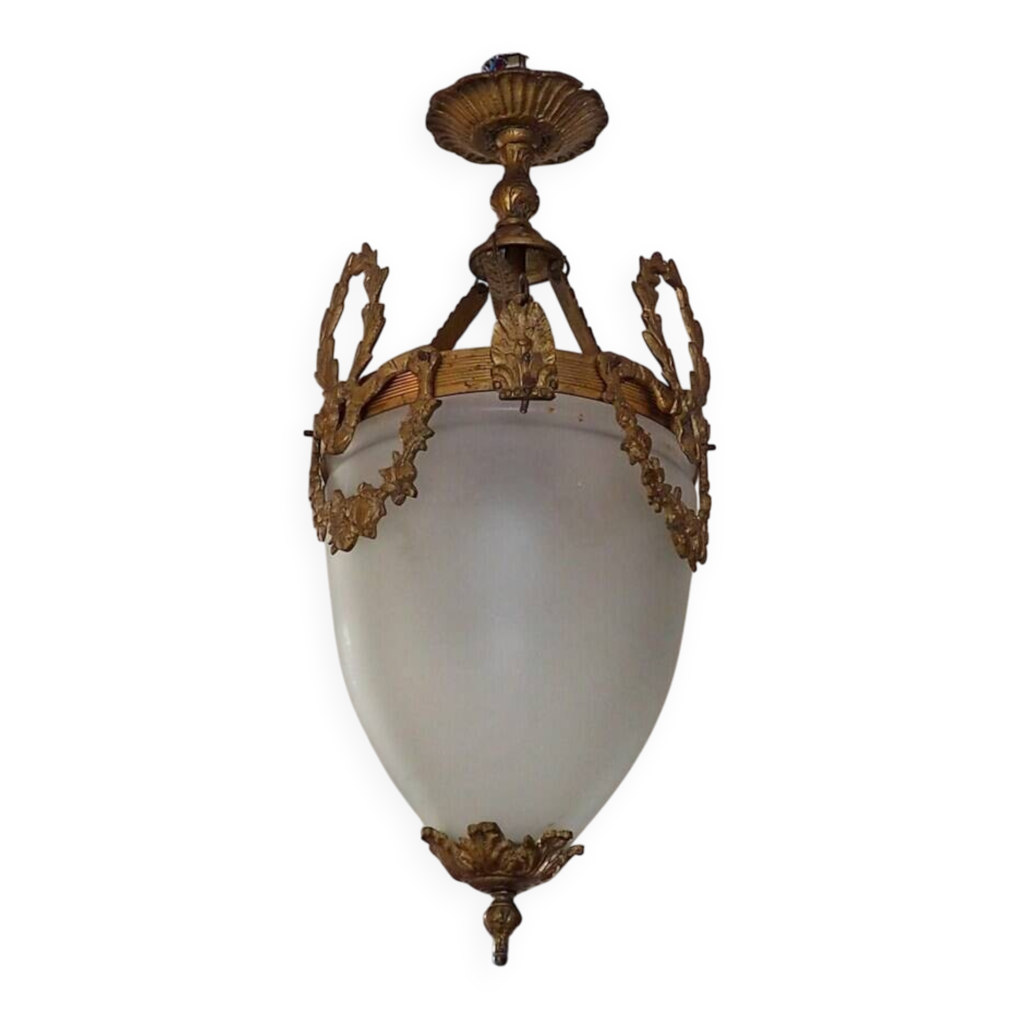 Antique French Louis XVI Style Glass and Bronze Pendant Lamp c. 1900