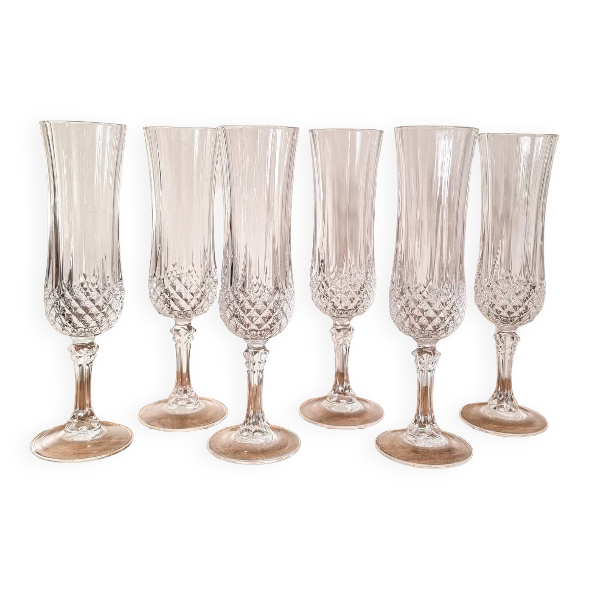 6 Champagne flutes, Arques crystal, Longchamp model