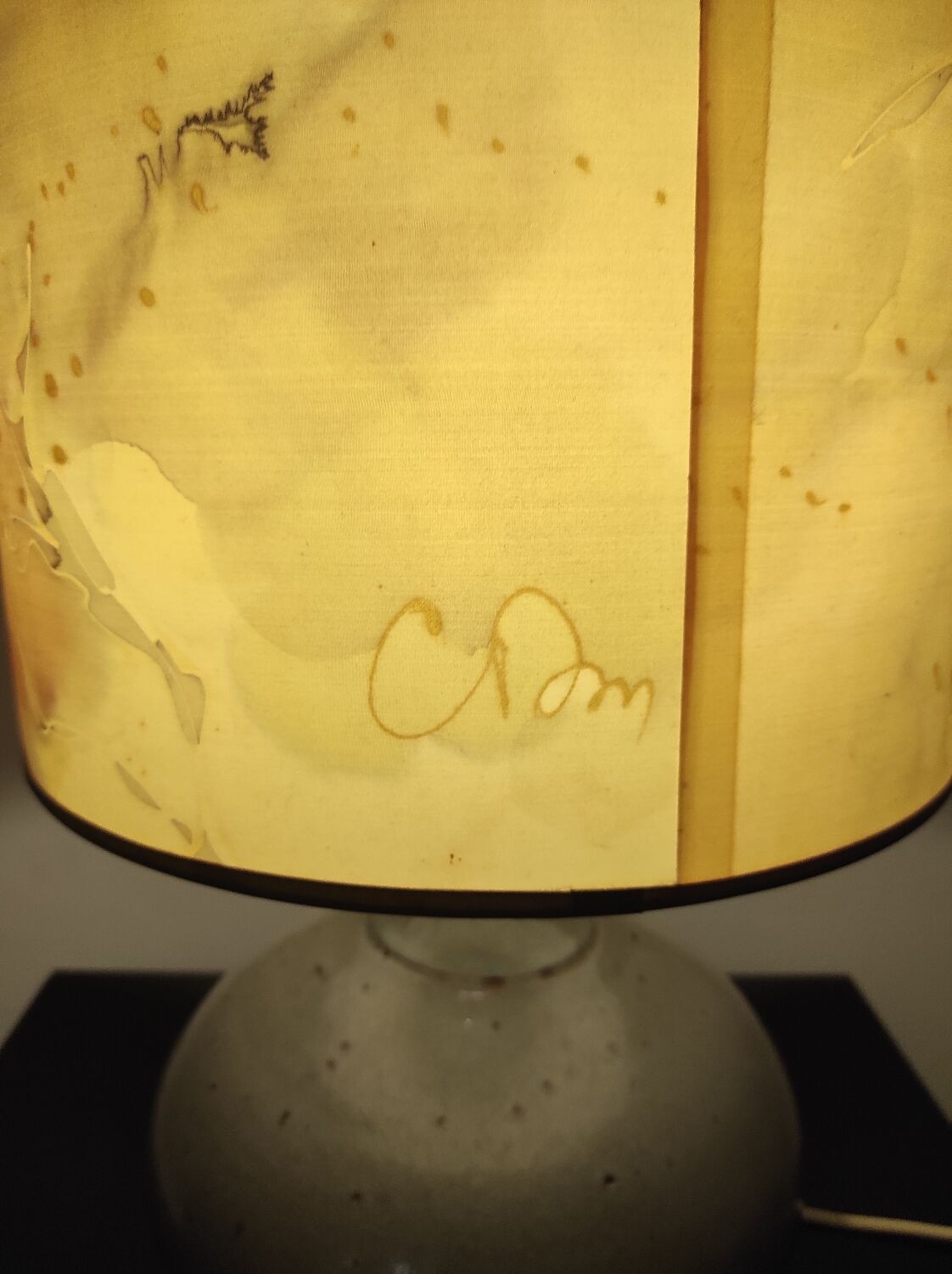 Vintage ceramic lamp signed & hand-painted silk shade 70s