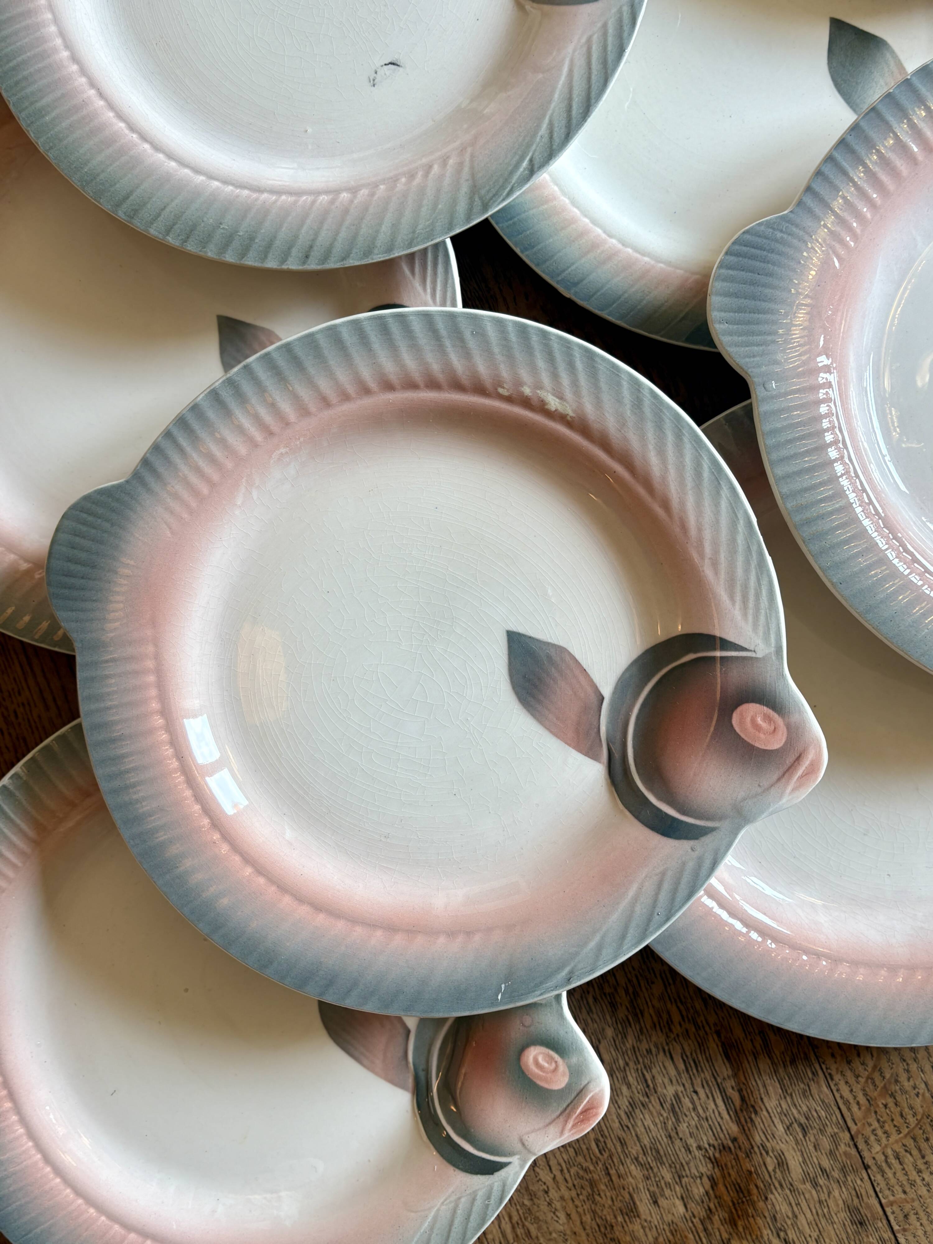 Set of 12 vintage pink and gray fish-shaped plates - Digoin