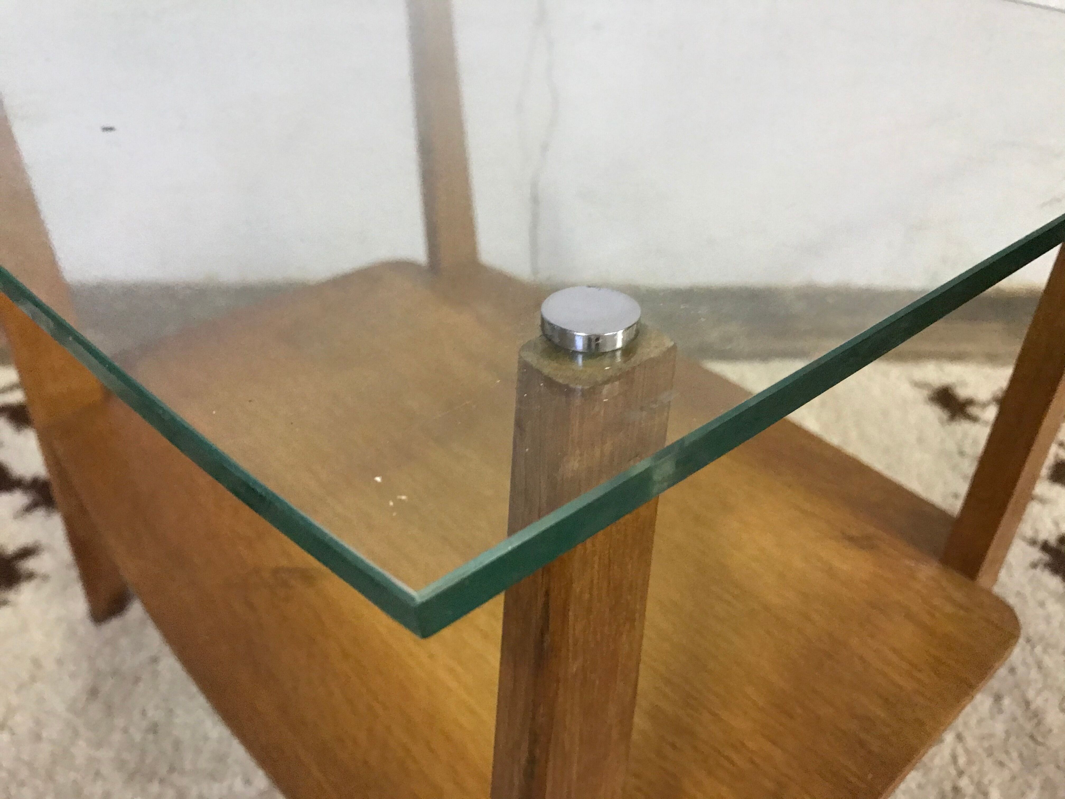 Glass coffee table with oak triangle shape 1950 1960 vintage modernist