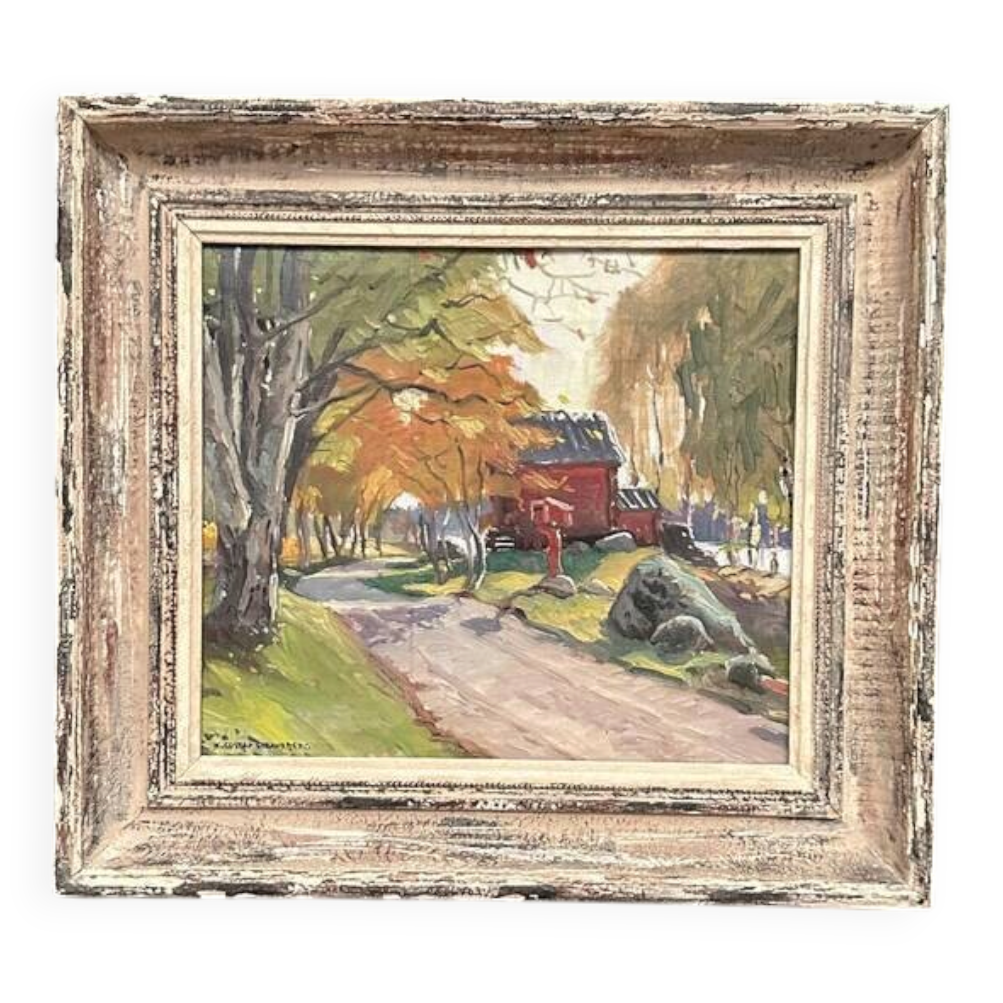 Original Swedish Oil on Canvas – "Path to the Red Cabins" by Karl Gustaf Strandberg (1891–1981) – Signed – Vintage and Framed – 50 × 43 cm (19.7 × 16.9 inches)