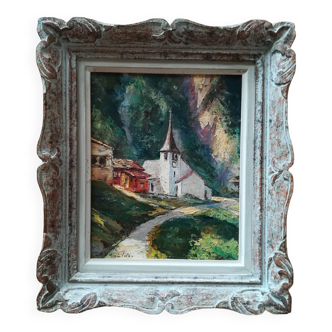 Oil on canvas landscape church of RU Rinaldi 20th century