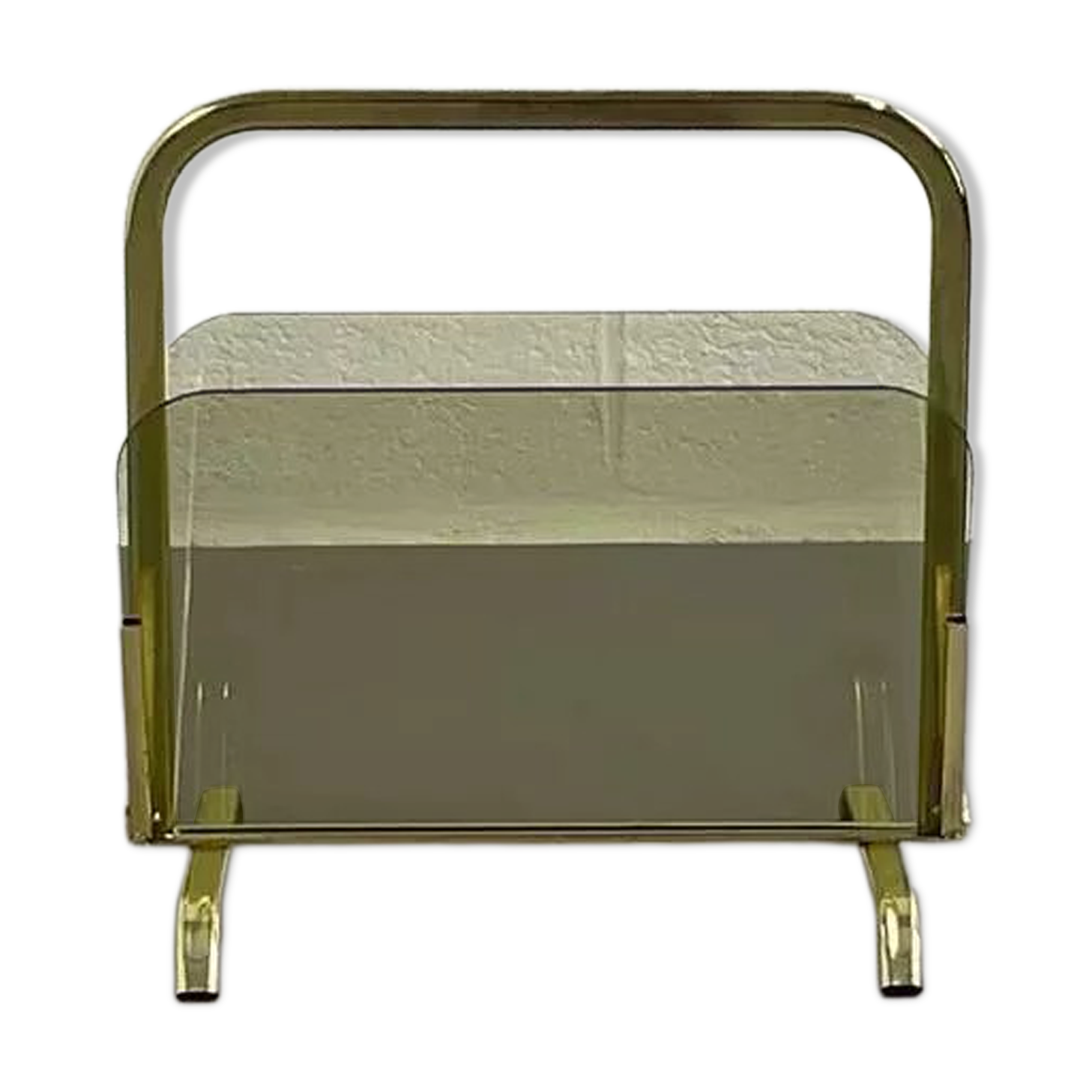 Vintage magazine rack in smoked glass and brass.