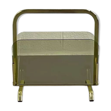 Porte-revues vintage en verre fumé et laiton