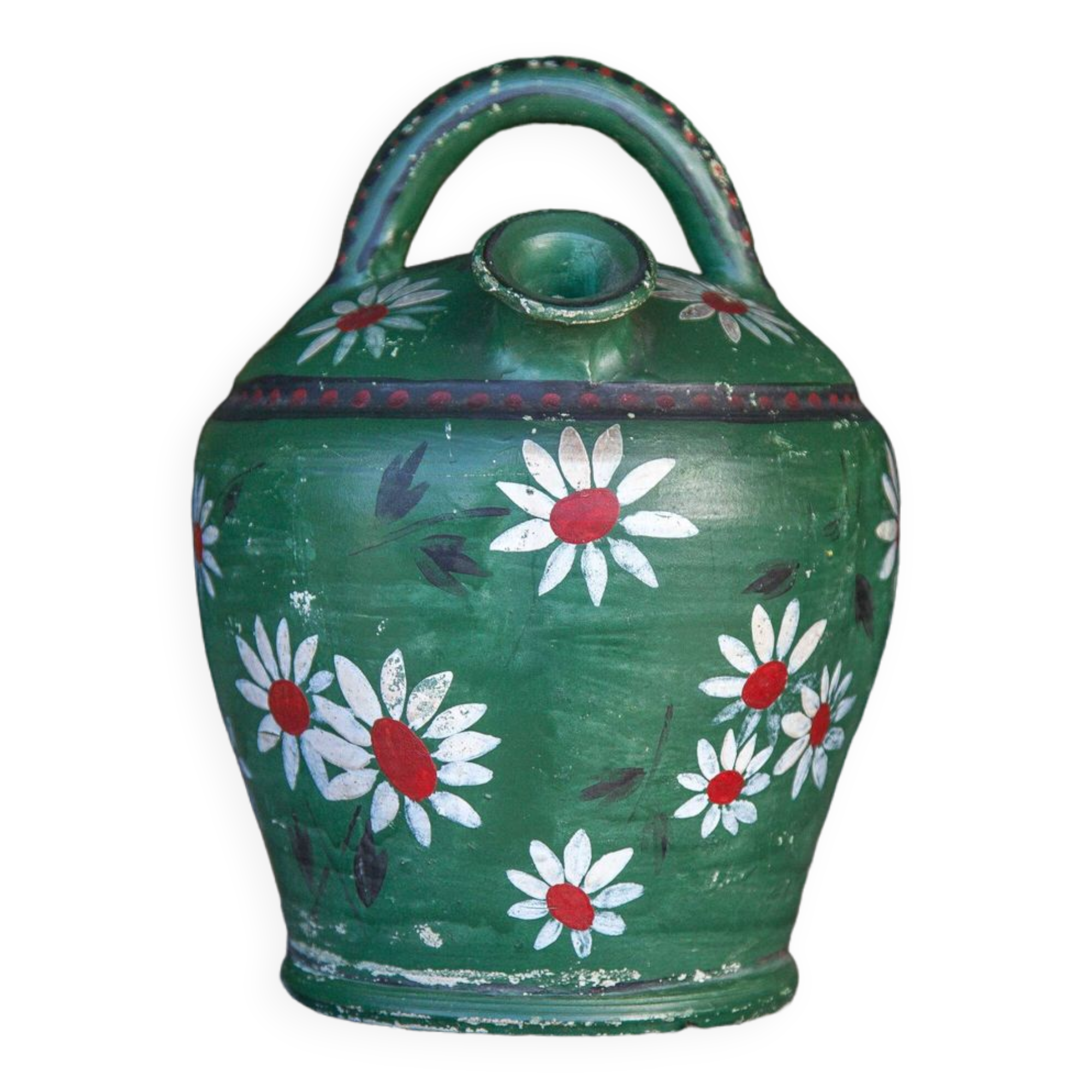 Vintage gargoulette, jug, green painted pitcher with daisy patterns