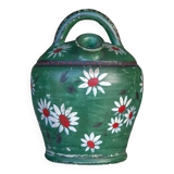Vintage gargoulette, jug, green painted pitcher with daisy patterns