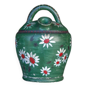 Gargoulette vintage, cruche, pichet peint vert avec motifs marguerites