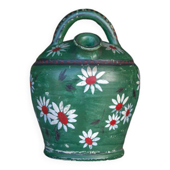 Vintage gargoulette, jug, green painted pitcher with daisy patterns