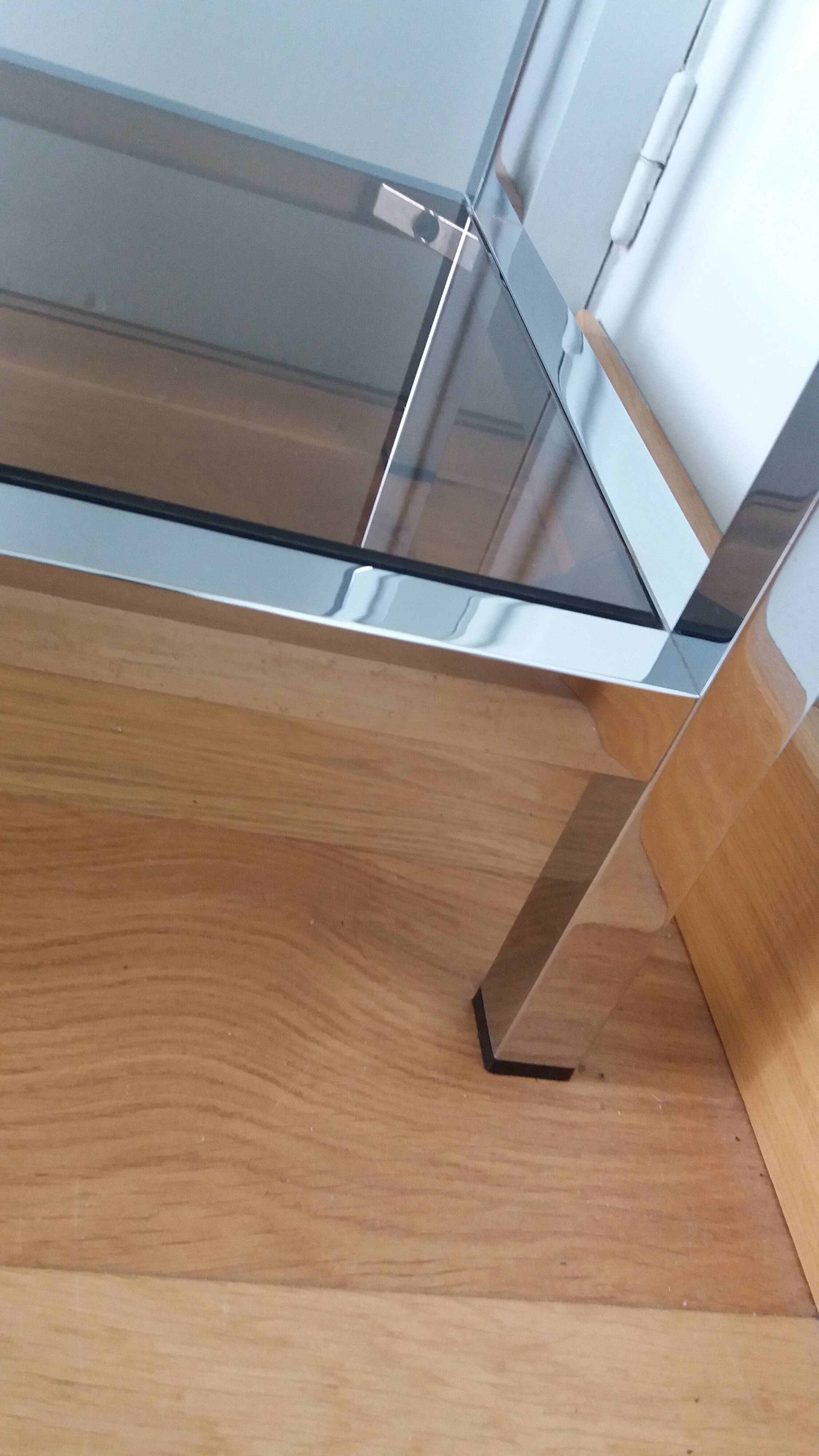 Chrome metal and smoked glass console