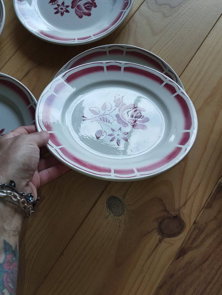 Charming set of 6 antique flat plates from the Badonviller factory.
