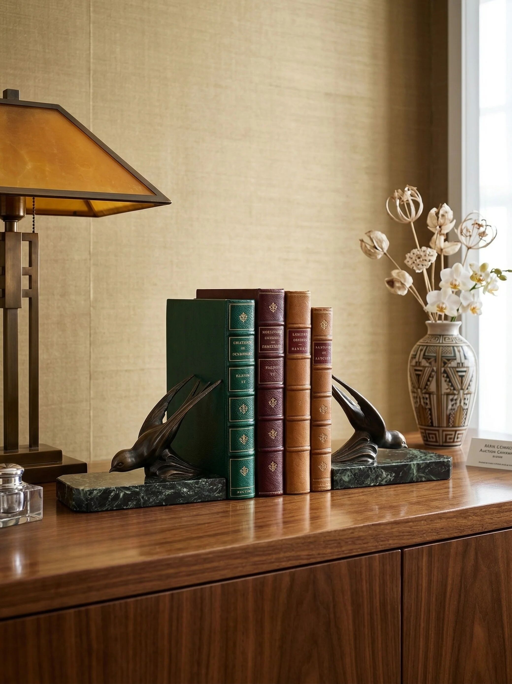 Art Deco bookends – Swallows in spelter on marble bases