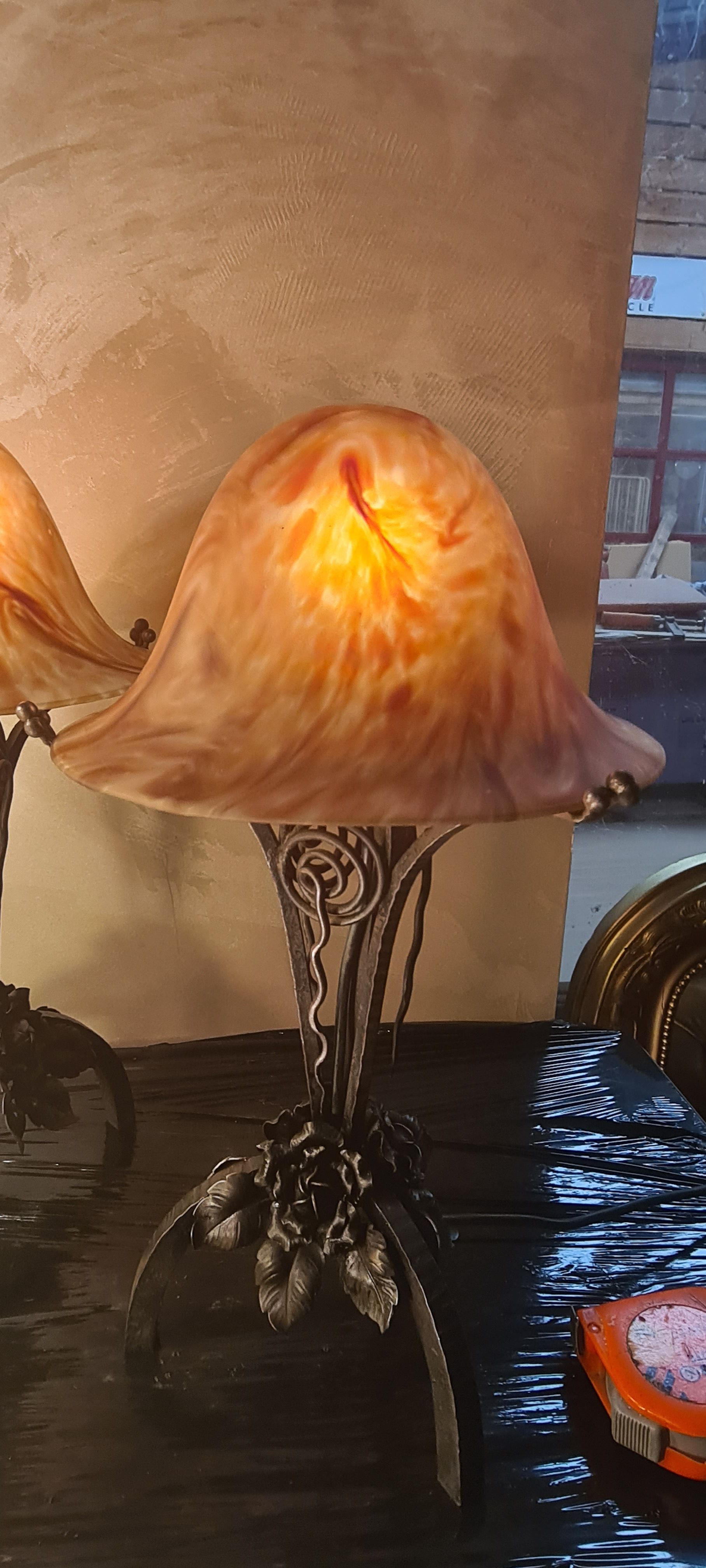 Pair of art nouveau wrought iron lamps with marbled glass paste 42x25