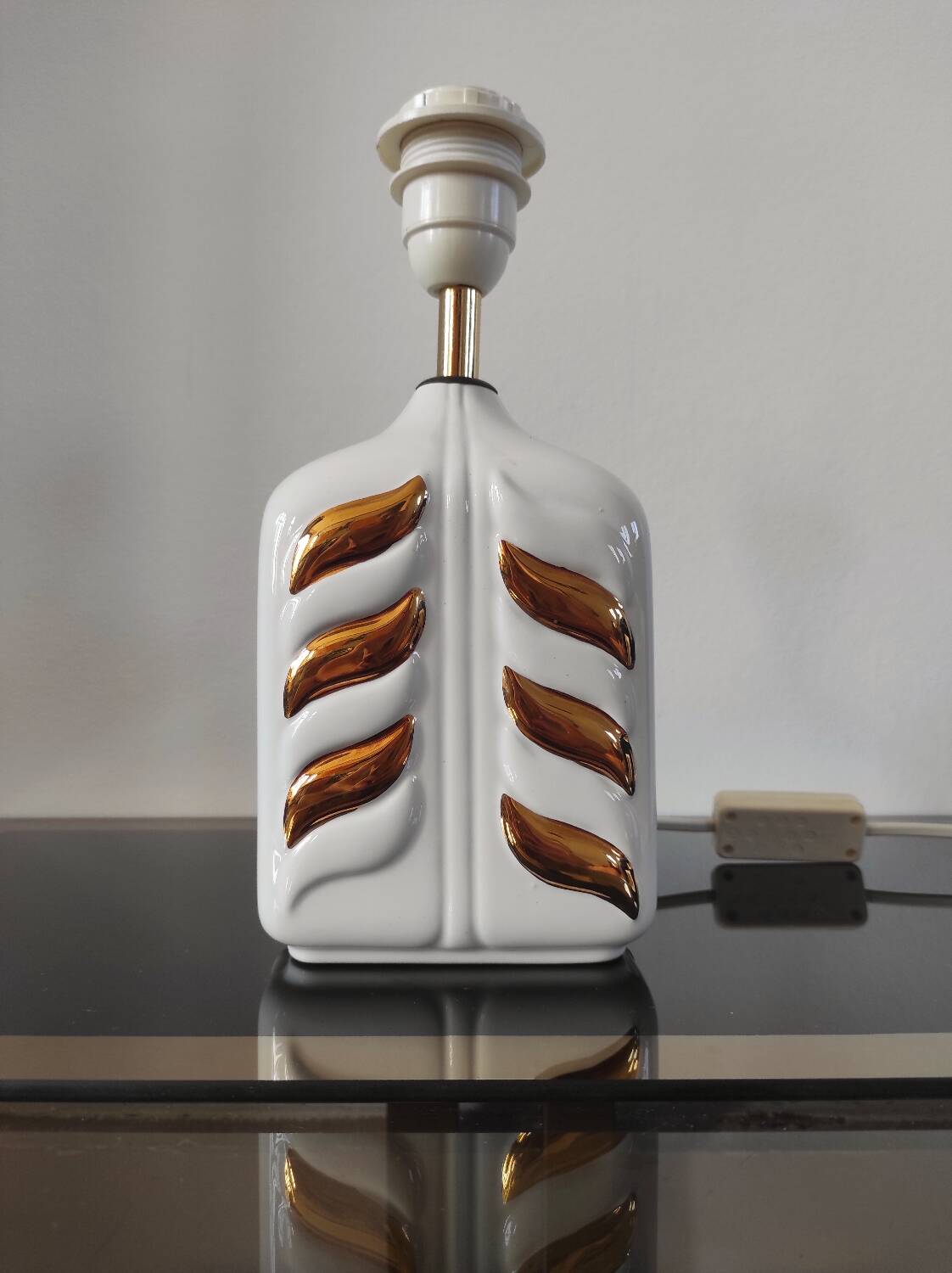 Vintage lamp base, white and gold ceramic, 70s.