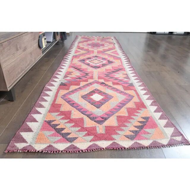 1970s Turkish Oushak Handmade Wool Cotton Pink Runner Rug 95x333