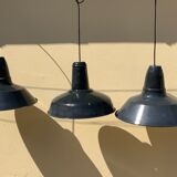 Three industrial suspensions in black and white enamelled sheet metal large format
