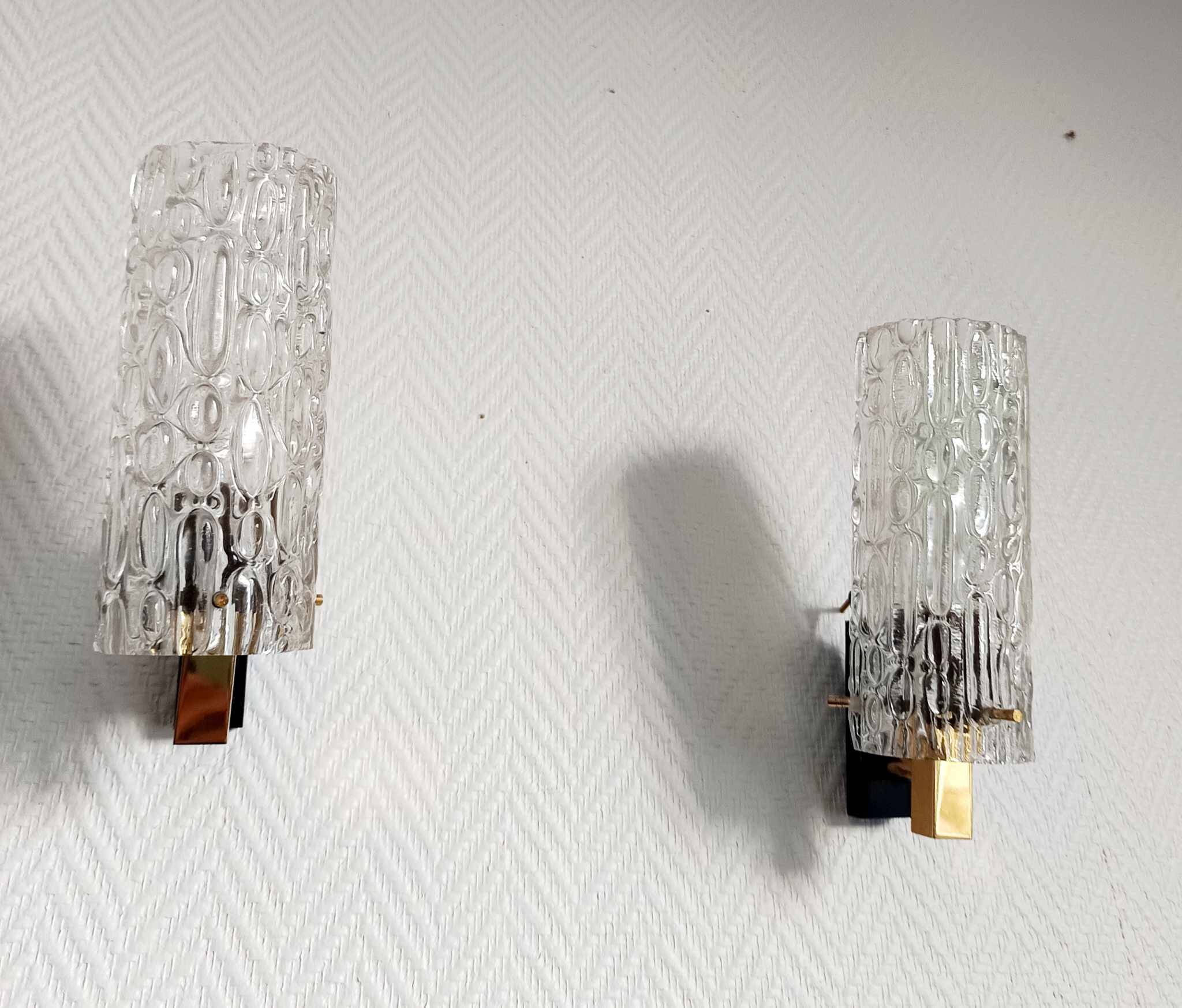 Pair of 1950s brass and glass wall lights