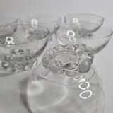 Set of six engraved crystal bowls in Art Deco style on spherical feet
